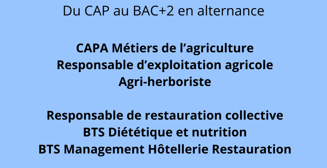 Affiche sur fond bleu annonçant les Journées Portes Ouvertes : samedi 14 mars, de 9h à 17h. Lieu : Centre de formation en alternance – Le Petit Bois Chauvigné, Jallais. Mention : “Du CAP au BAC+2 en alternance”. Formations listées : CAPA Métiers de l’agriculture, Responsable d’exploitation agricole, Agri-herboriste, Responsable de restauration collective, BTS Diététique et nutrition, BTS Management Hôtellerie Restauration, Assistant de gestion des petites entreprises. Slogan : “Apprendre pour évoluer, se former pour s’élever.” En bas : logo MFR/CFA Le Petit Bois Chauvigné Jallais, une illustration d’une personne aux jumelles, coordonnées 02 41 64 15 65 et cfp.jallais@mfr.asso.fr , et un QR code.